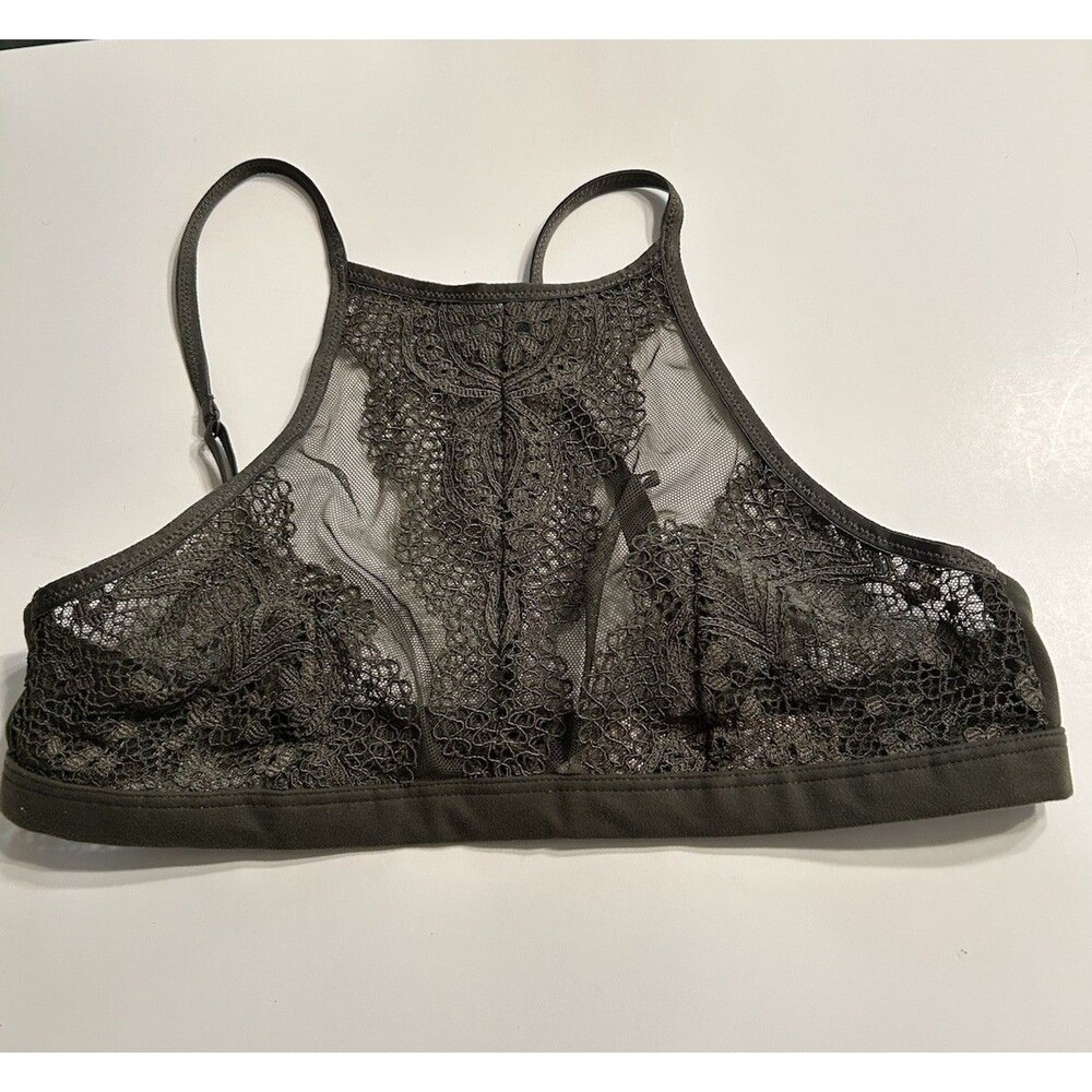 Victoria's Secret Bralette Size Small  olive Green lace And  Mesh High Neck